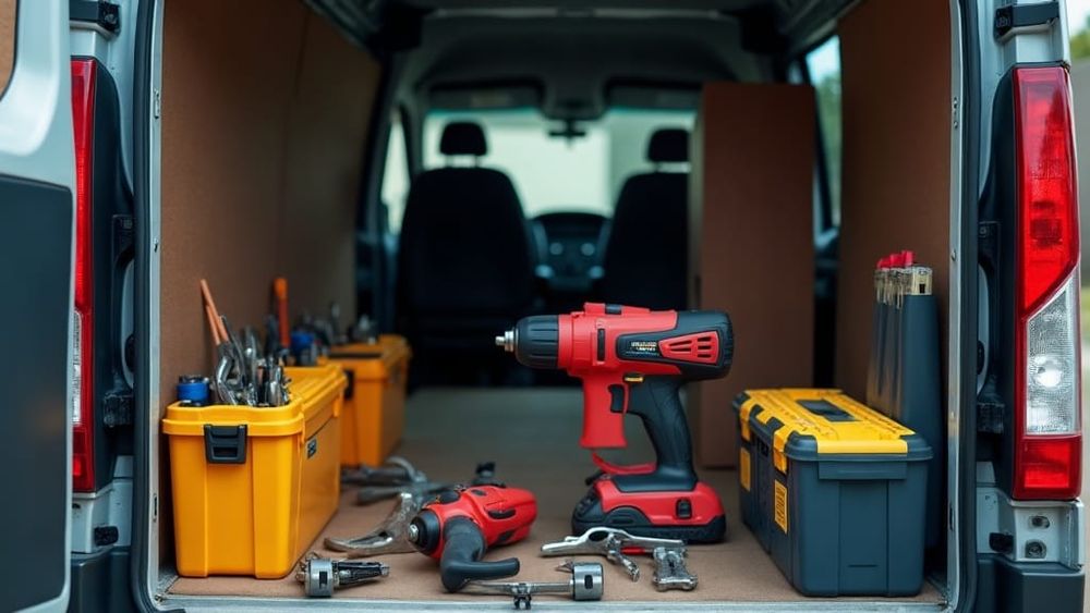 Power tools and a toolbox arranged in the back of a work van