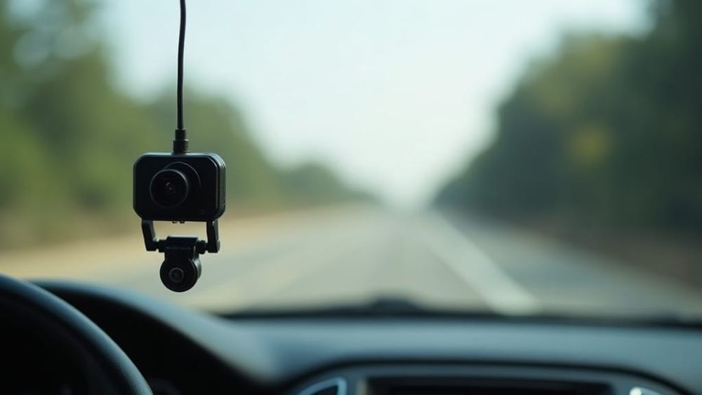 A dashcam mounted on a car windscreen with a blurred road ahead