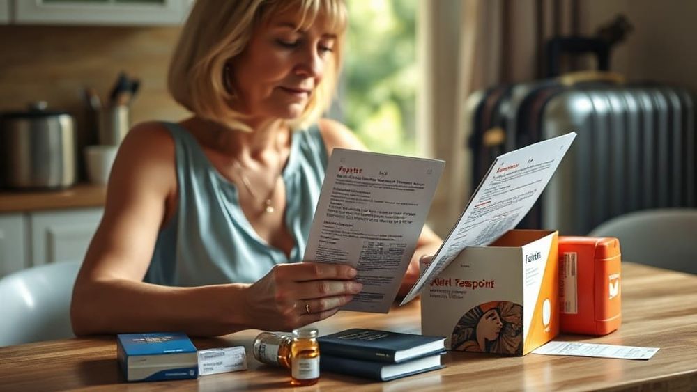 Traveller checking a medicine's patient information leaflet before a summer holiday