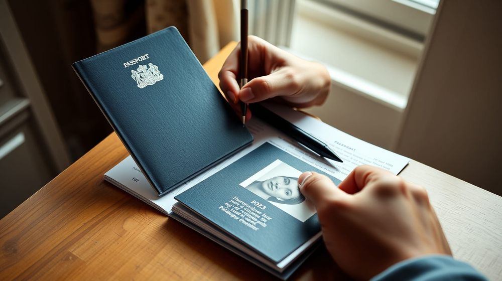 Person filling in a UK passport renewal application form at home with a pen and passport photo