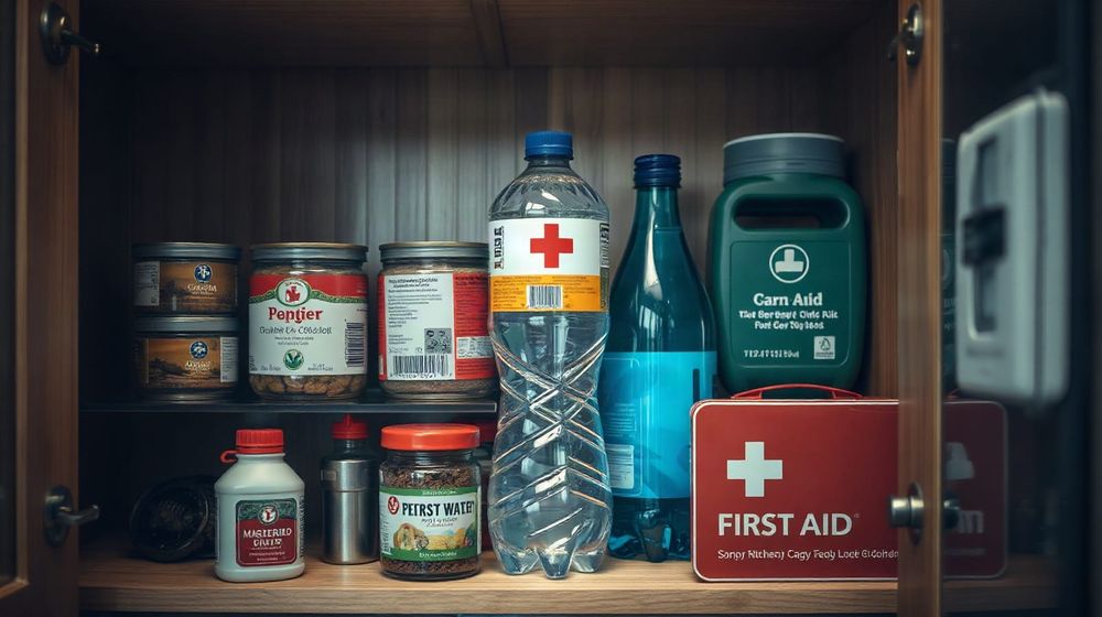 Kitchen cupboard stocked with tinned food, water bottles, torch, and first aid kit.