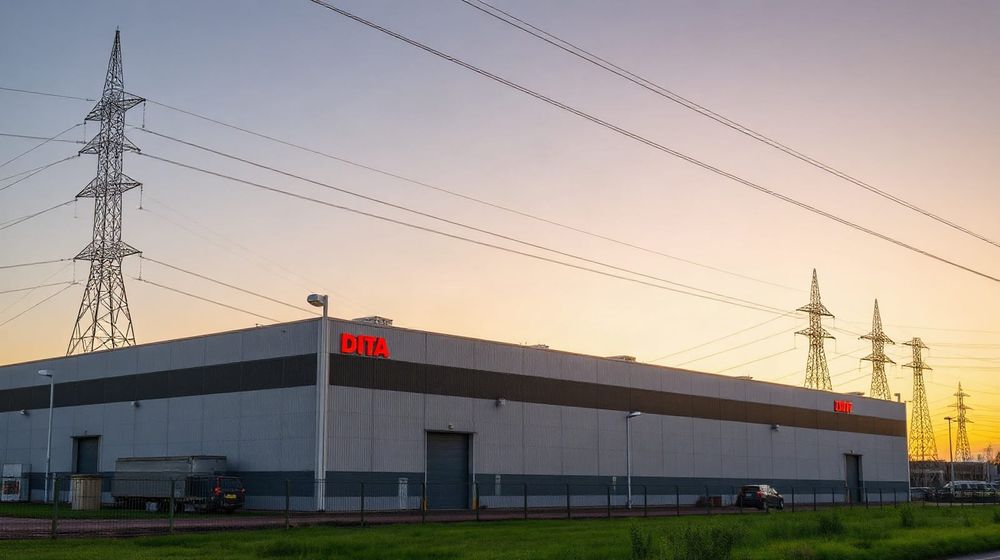 Data centre building beside electricity pylons and power lines at dusk - illustration
