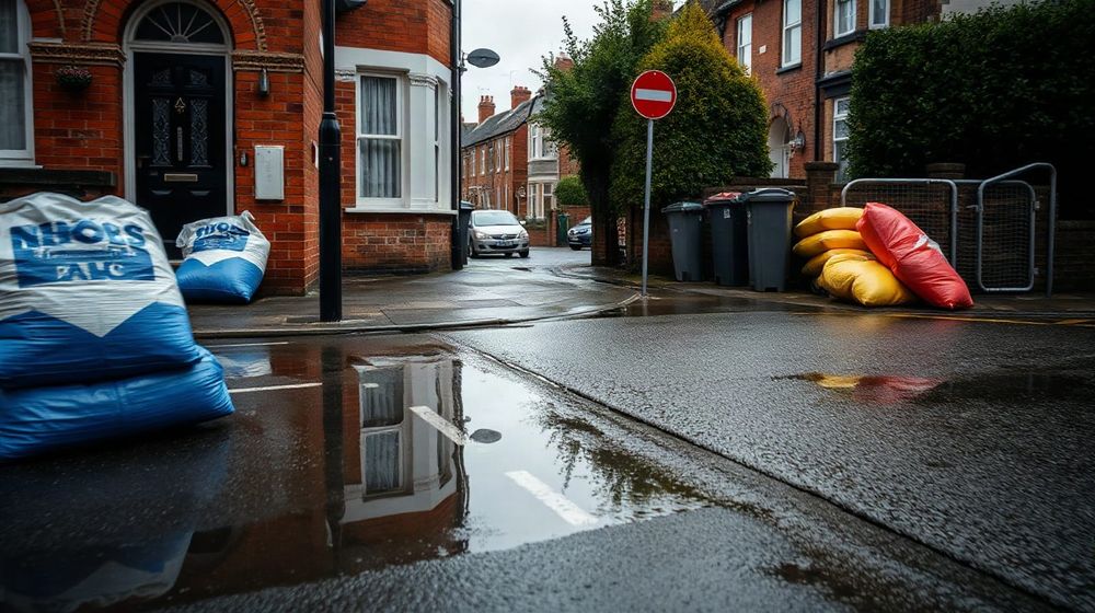 UK residential street after heavy rain with puddles and sandbags by a front door, grey overcast light.