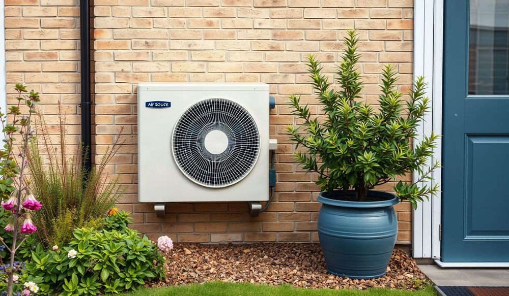 Air source heat pump unit installed outside a UK home, tidy garden, daylight.