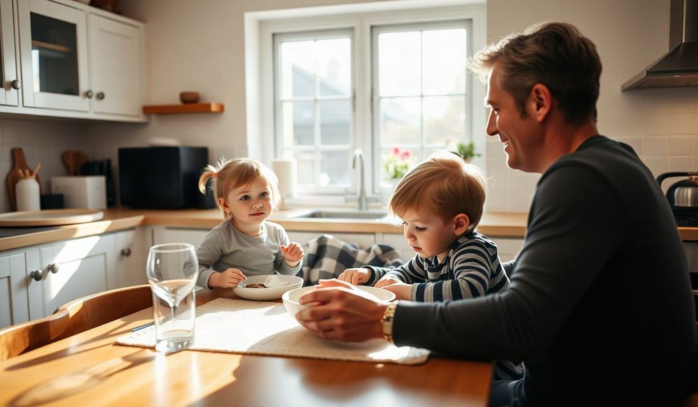 Parent and two children at a bright kitchen table, candid family moment.