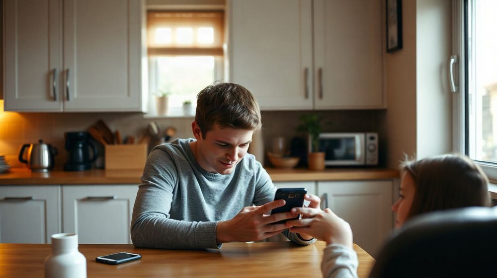 A parent and teenager looking at a smartphone together at home, illustrating UK online safety rules
