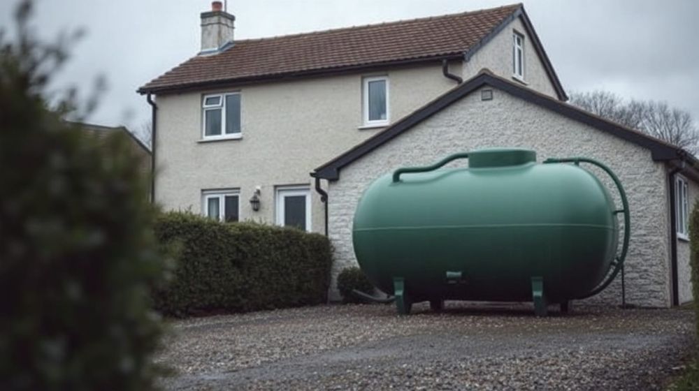 Home heating oil tank beside a rural UK house