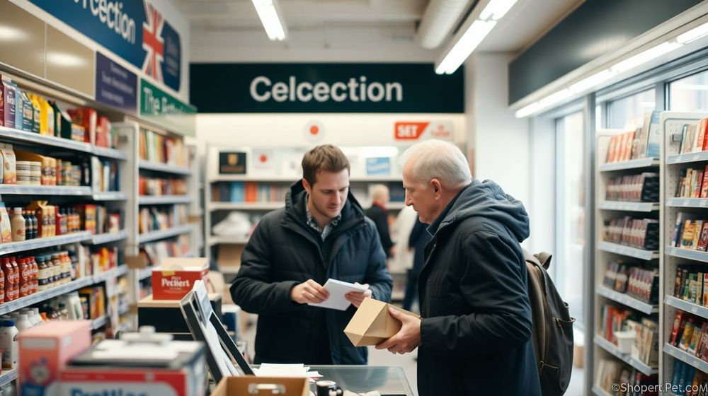 A customer collecting an order at a British high-street collection desk