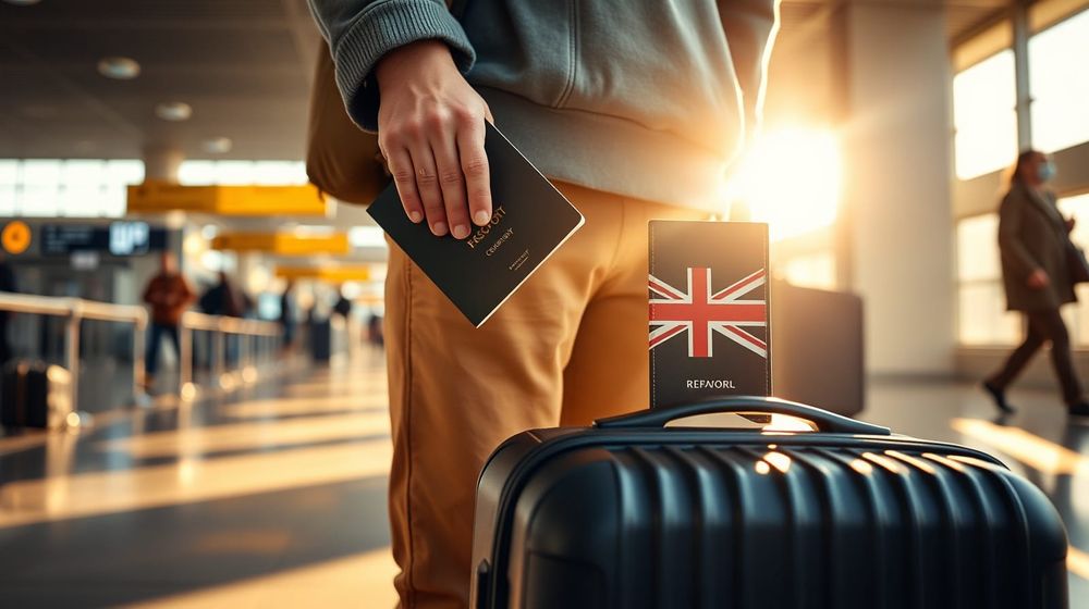 A traveller with a passport and suitcase at a sunlit airport