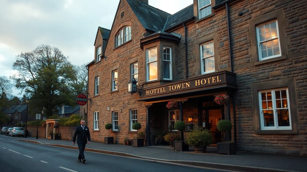 Exterior of a traditional Scottish stone hotel at golden hour