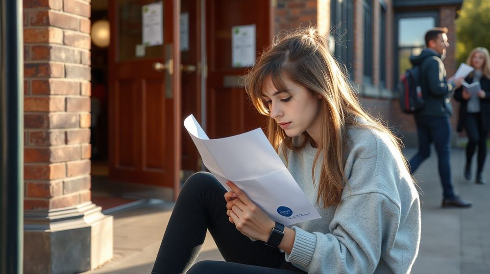 A student sitting on a school step reading a results envelope