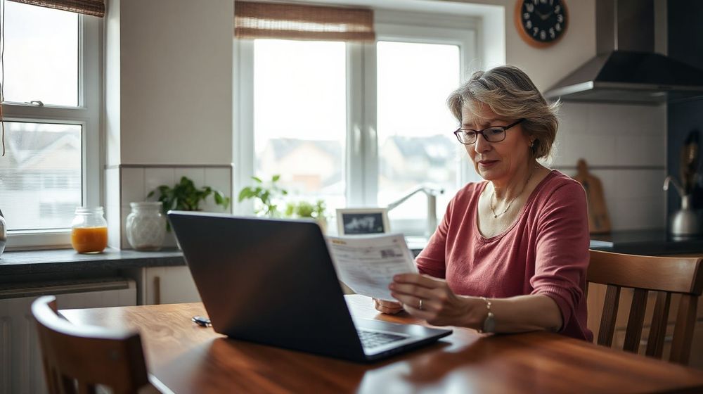 A woman at a kitchen table reading a household utility bill beside a laptop