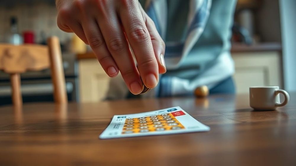 Hands holding a coin over a scratchcard on a kitchen table