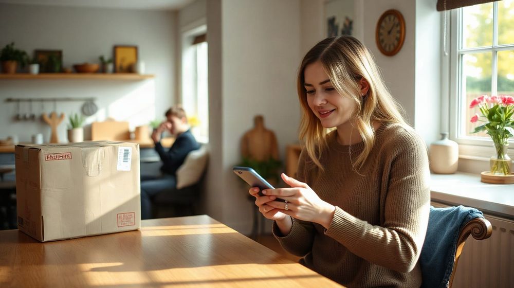 A woman checks a parcel tracking screen on her phone at a kitchen table with a delivery box beside her