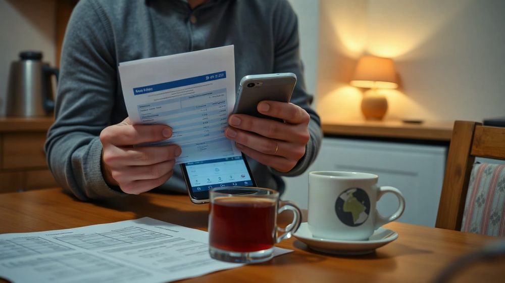 Person at a kitchen table comparing a bank statement with advice on a phone