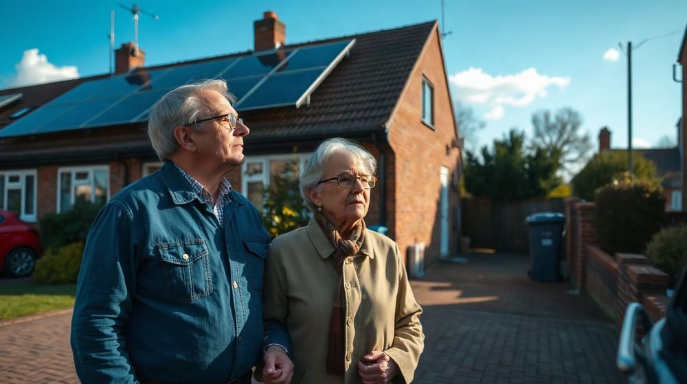 Couple examining solar panels on their UK home roof, considering installation costs and savings for a household guide.