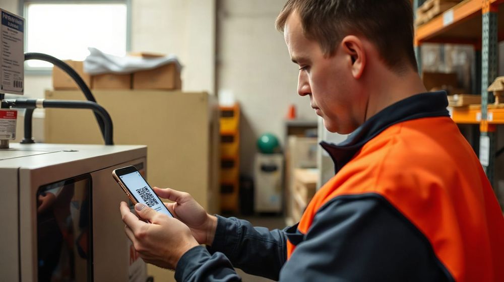 Worker scanning a QR asset label with a phone