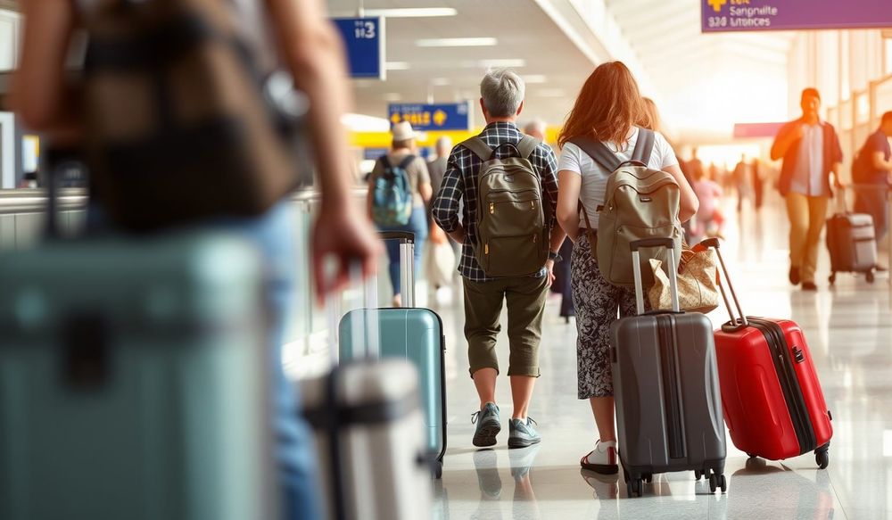 Holidaymakers queue with suitcases at a UK airport departures hall
