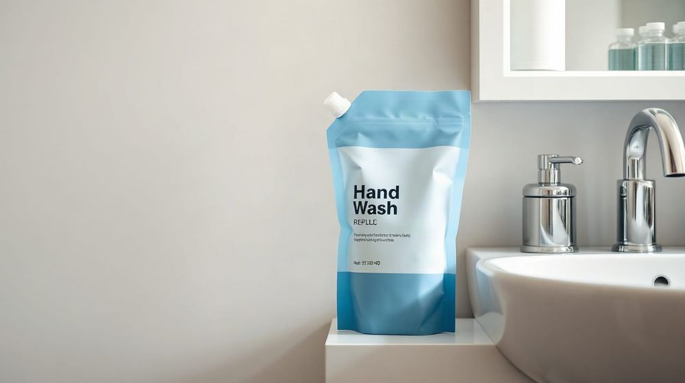 A hand wash refill pouch on a bathroom shelf beside a basin