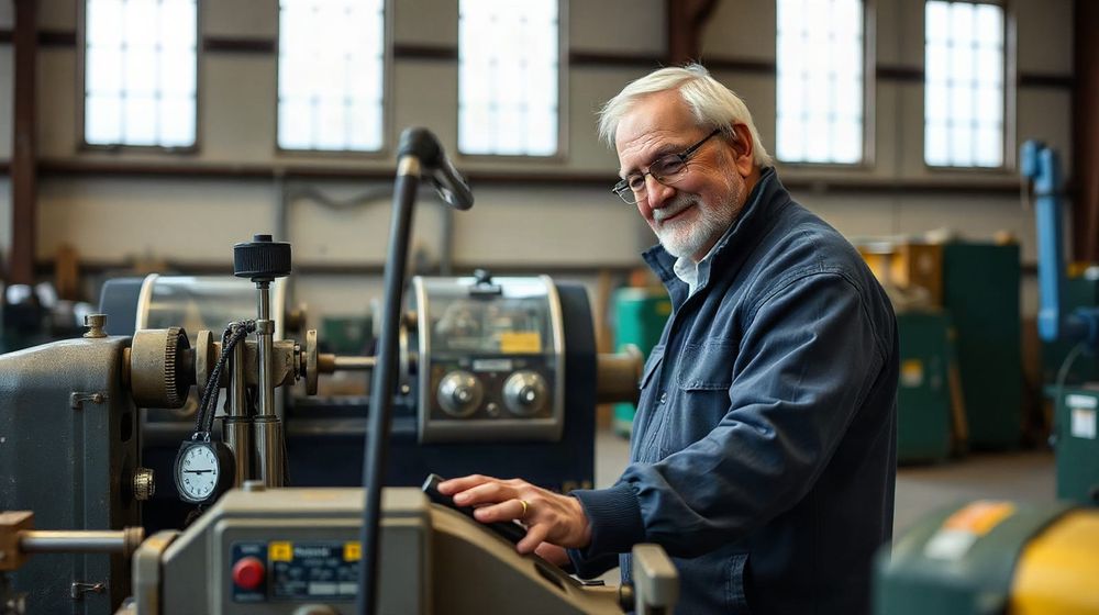 A small factory owner inspects idle machinery on a workshop floor