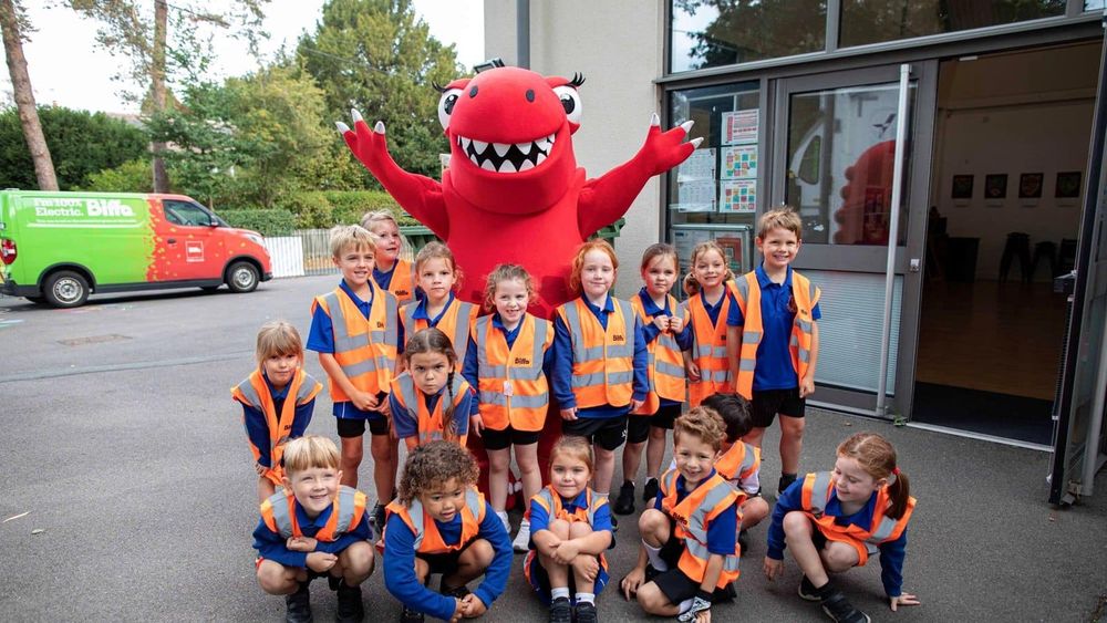 Whitney the Wasteater, Biffa's recycling mascot, at St Nicholas CE Primary School in Wokingham