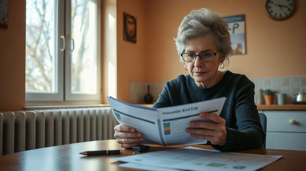 A woman looks at an energy bill at a kitchen table