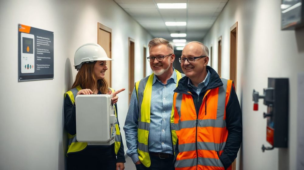 Consultant and business owner examine a smart electricity meter in an office, illustrating a guide to UK business energy mete