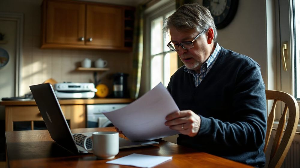 Man reviewing energy bills at home kitchen table, illustrating article on Ofgem-licensed business energy suppliers in the UK.