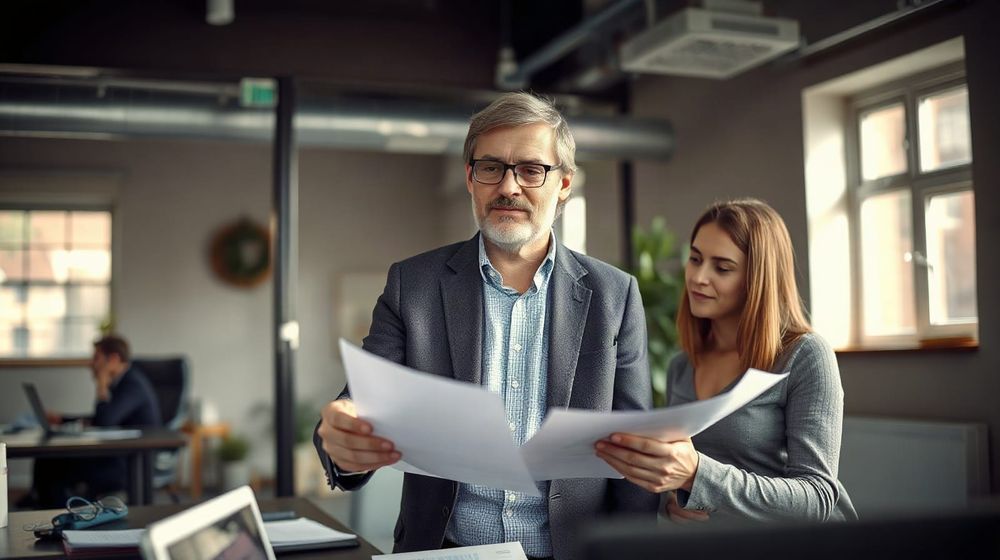 Two professionals discuss energy bills in a bright office, illustrating UK business energy tariff comparison for 2026.
