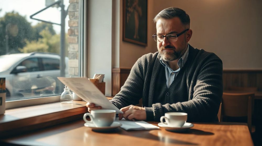 Café owner checking paper energy invoices at a table, illustrating a guide to reducing business gas and electricity costs in 