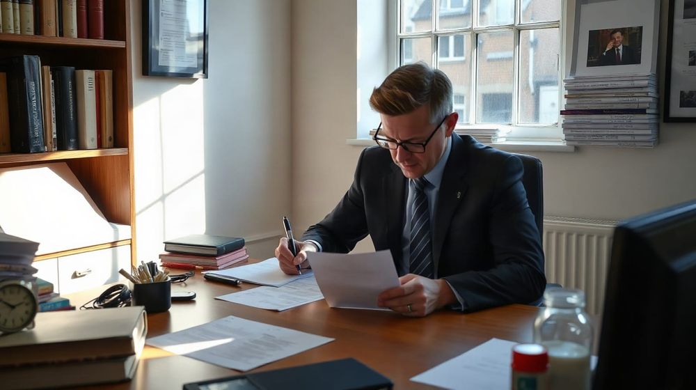 A company director signs paperwork at a desk in a small office