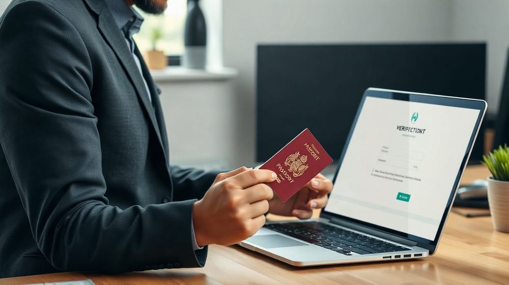 Company director verifying identity on a laptop with a passport on the desk