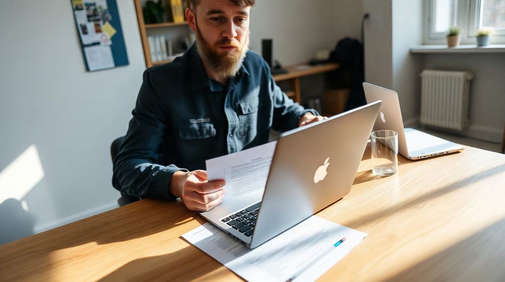 IT contractor working on a laptop in a shared office with a contract on the desk