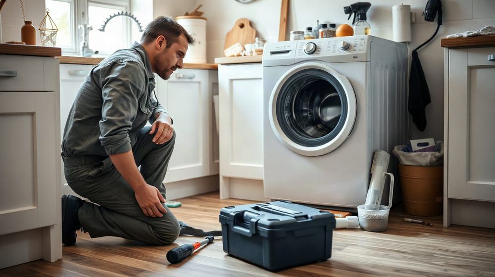 Repair engineer working on an open washing machine in a UK kitchen