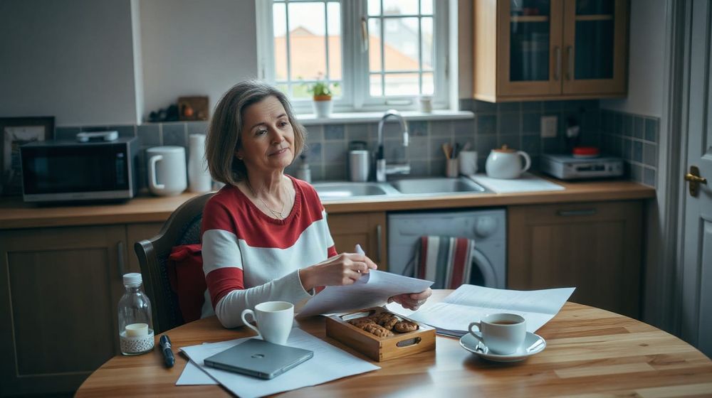 Woman reading legal paperwork at a kitchen table