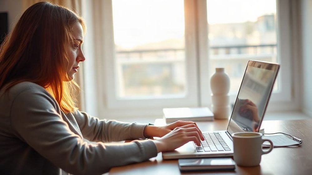 A student studying at a laptop at home with handwritten notes on the desk