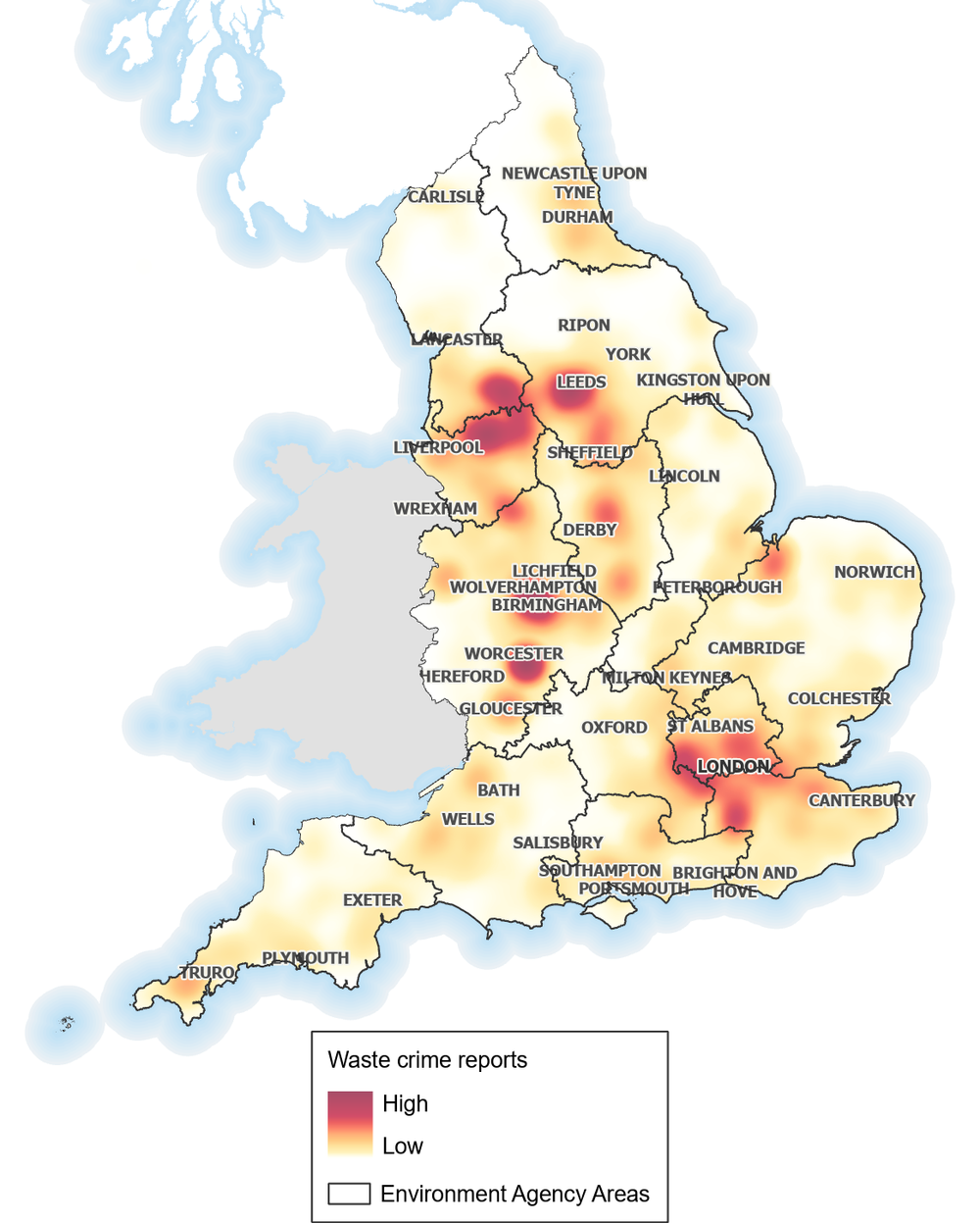 Environment Agency heat map of reported waste crime across England, 2025