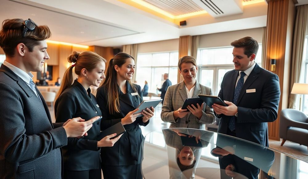 Hospitality students learn on tablets with a hotel manager in a modern hotel lobby