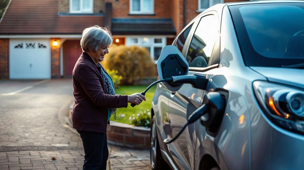 A woman plugs a charging cable into an electric car on a suburban driveway in England