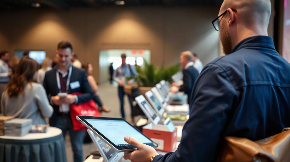 Event organiser managing a conference registration desk