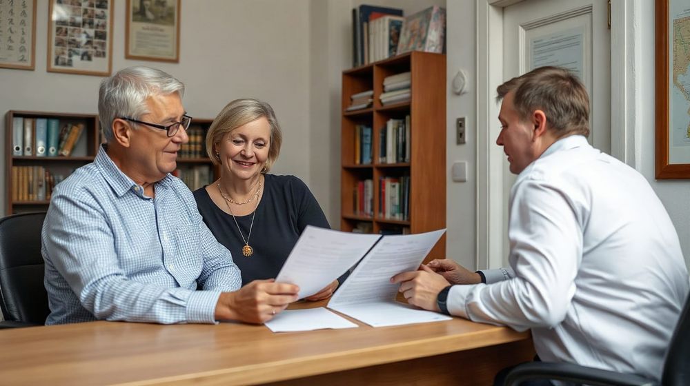 A couple review mortgage paperwork with a broker at a desk