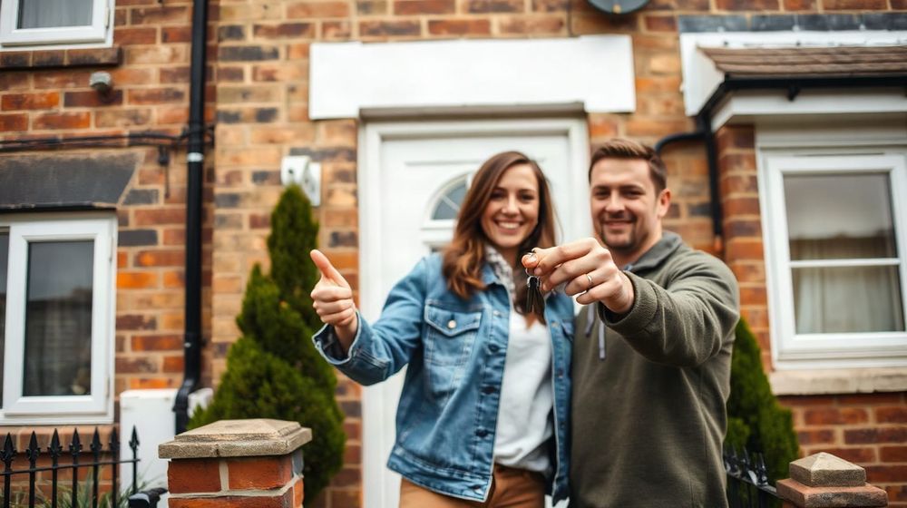 Young couple collecting keys outside a UK terraced house