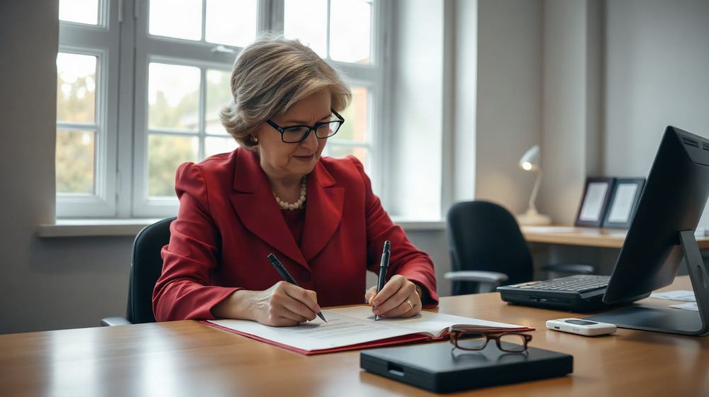 Woman in her sixties signing a will at a solicitor's desk