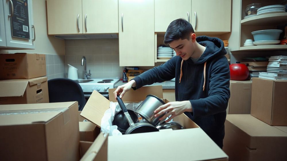 Student unpacking kitchen items in university halls