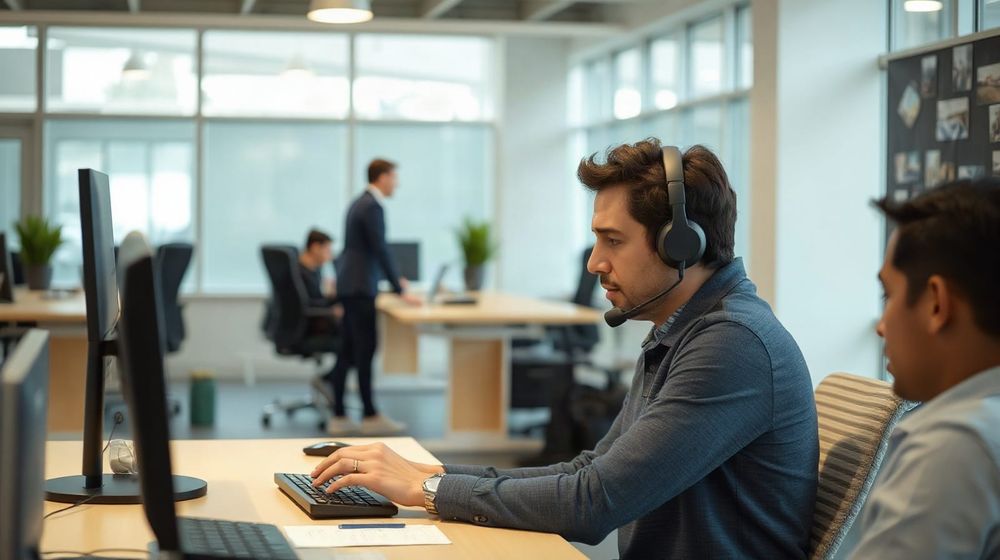 Office worker on a headset call at a desk