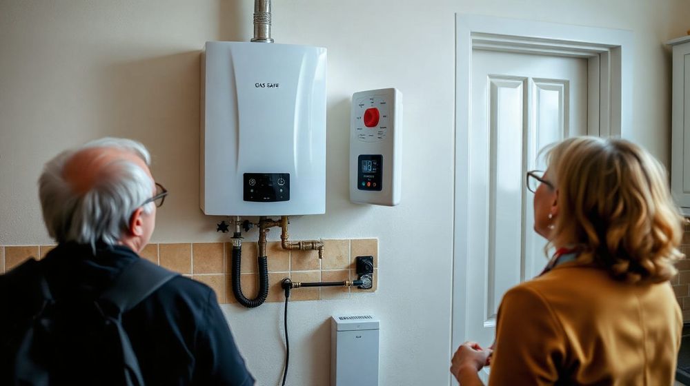 A gas engineer checks a boiler in a British kitchen while the homeowner watches