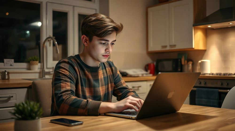 A young man scrolls job listings on a laptop at a kitchen table late at night