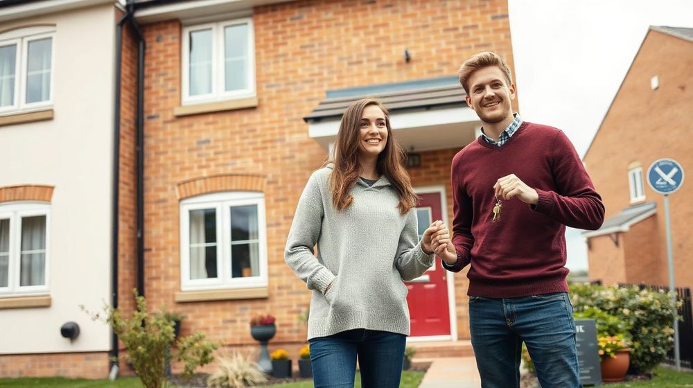A young couple stands outside a new-build house on an English housing development holding keys