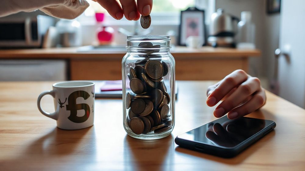 Person putting coins into a savings jar on a kitchen table