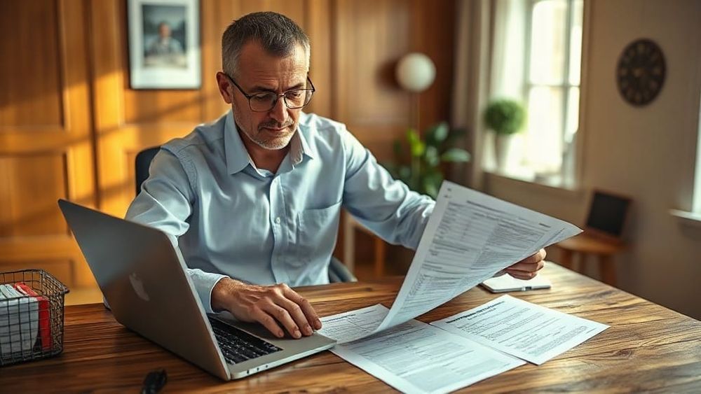 A data journalist checking a spreadsheet of public records on a laptop beside printed source documents